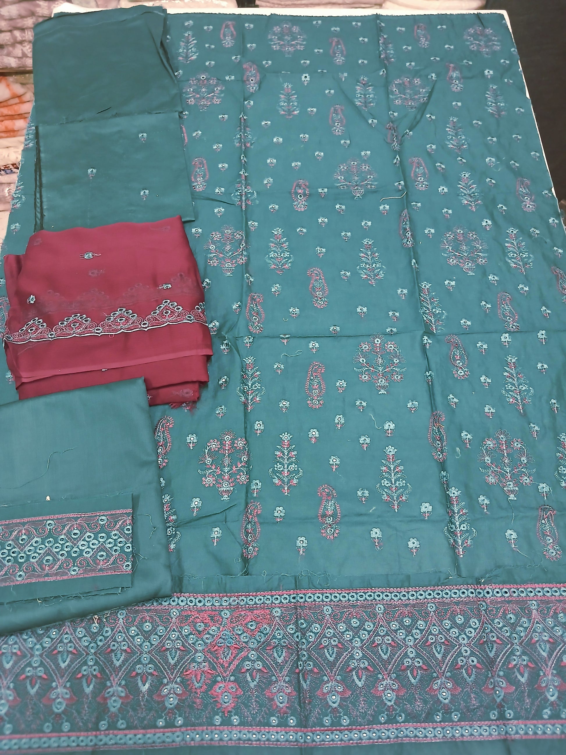 3pc Unstitched Embroidered Teal Green Suit (SAW-09)