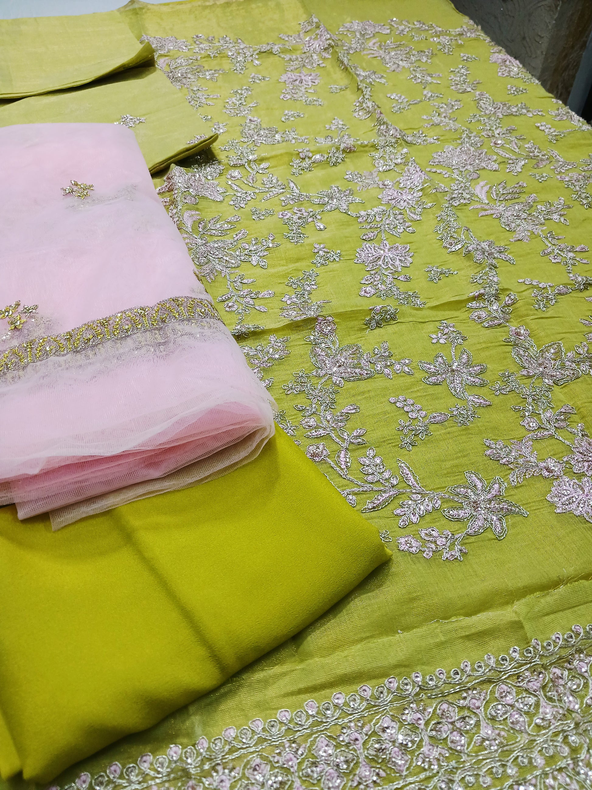 3pc Unstitched - Embroidered Lime Green Suit (SAW-05)