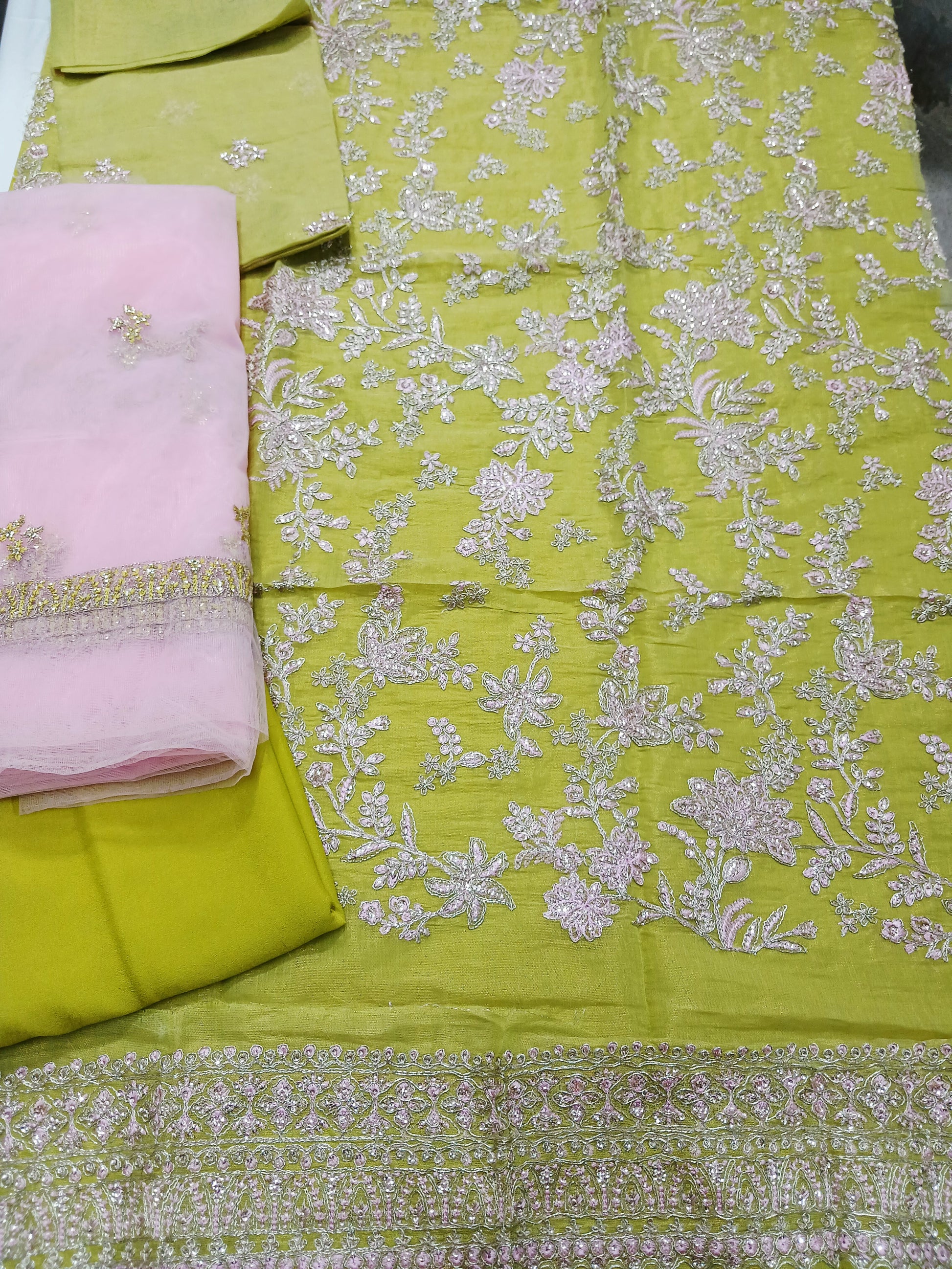 3pc Unstitched - Embroidered Lime Green Suit (SAW-05)
