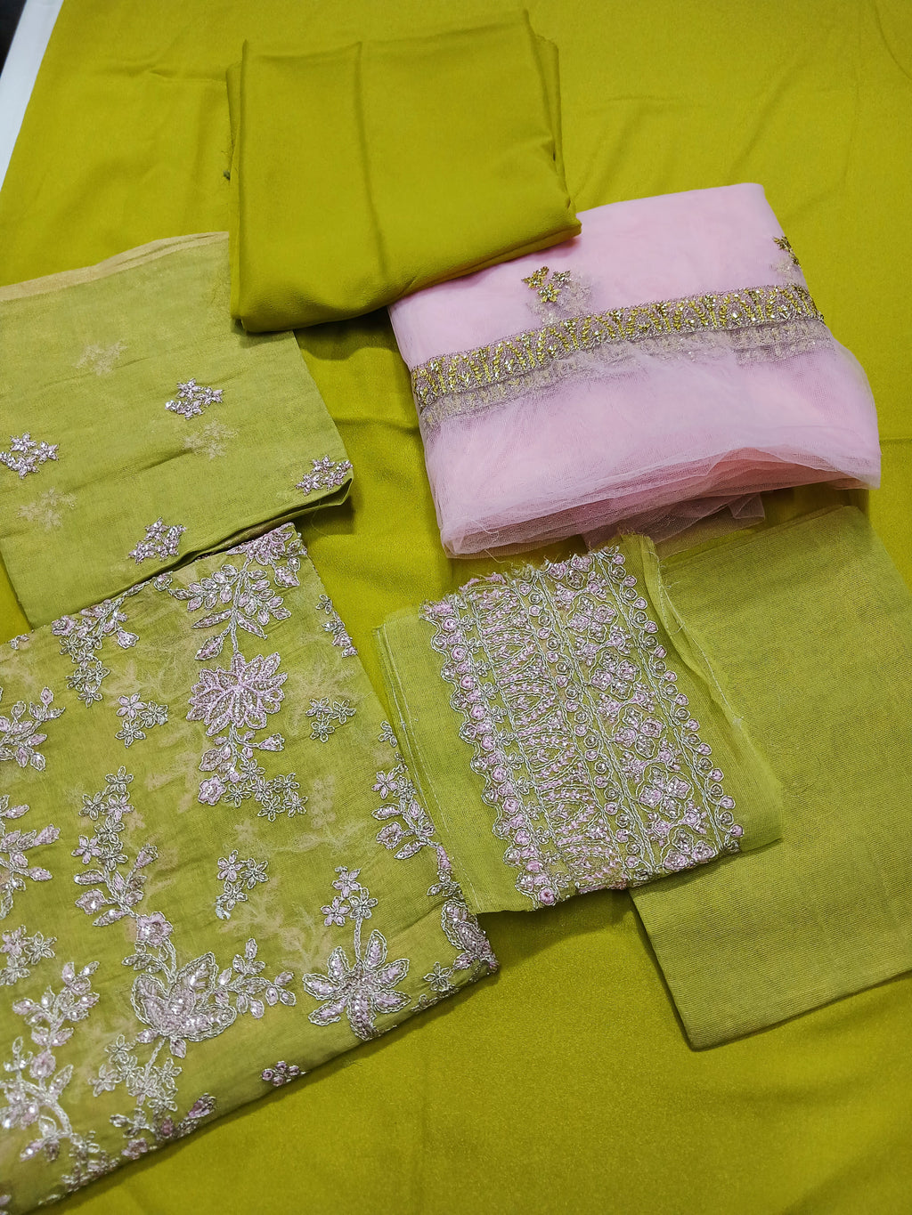3pc Unstitched - Embroidered Lime Green Suit (SAW-05)
