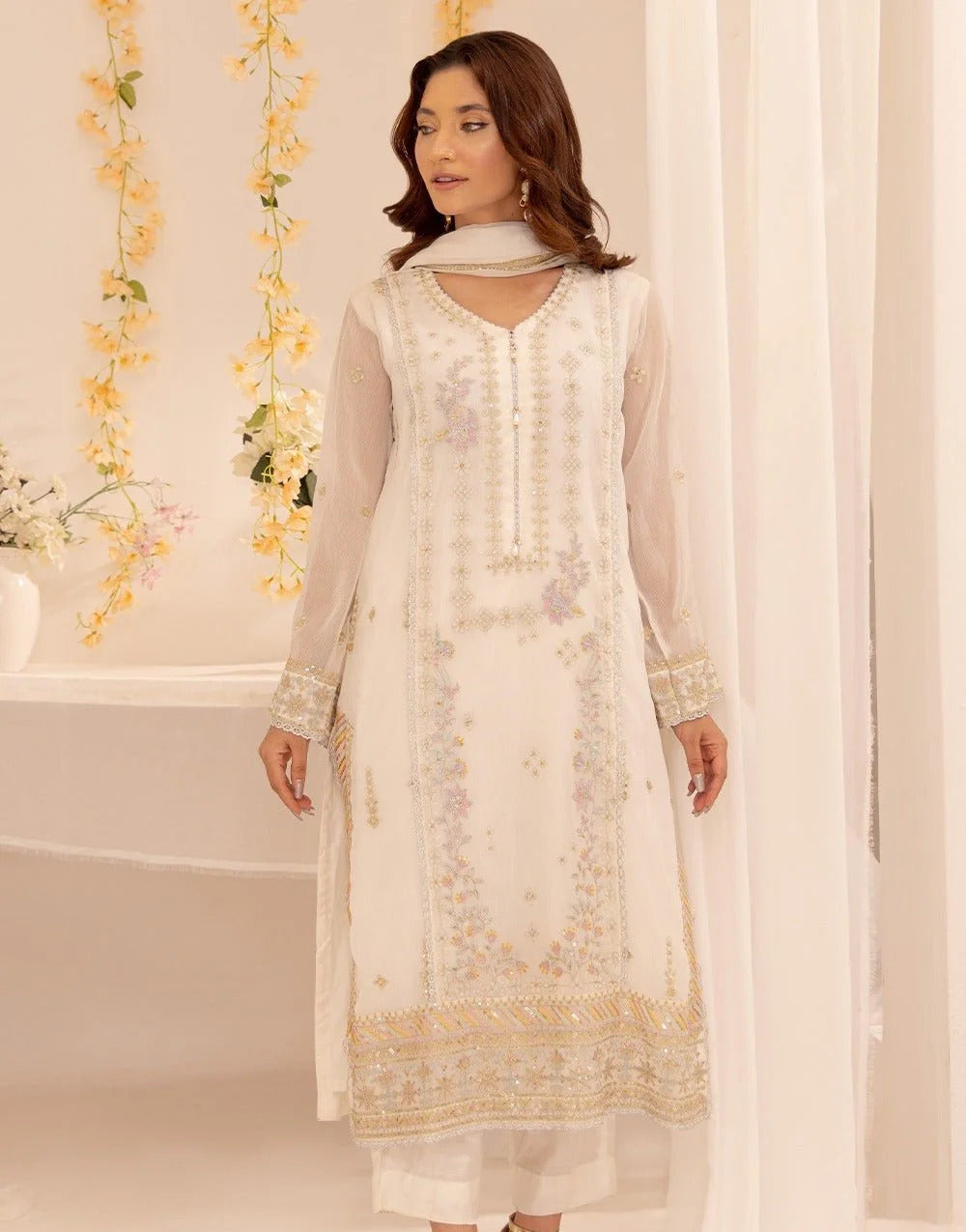 3 Pc Embroidered Chiffon Luxury Stitched Suit | SAW-48