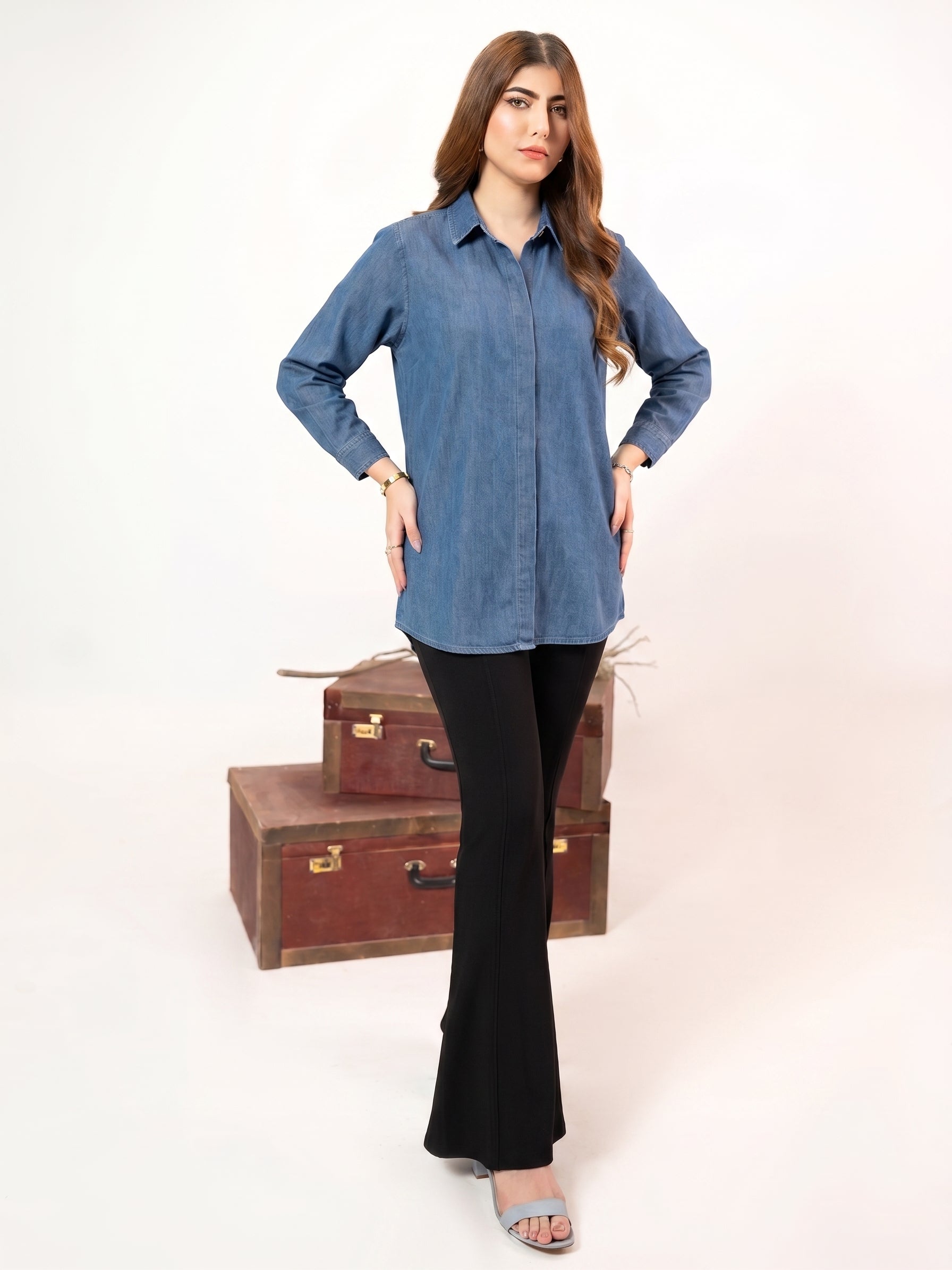 1PC Stitched Basic Denim Shirt | SAW-38