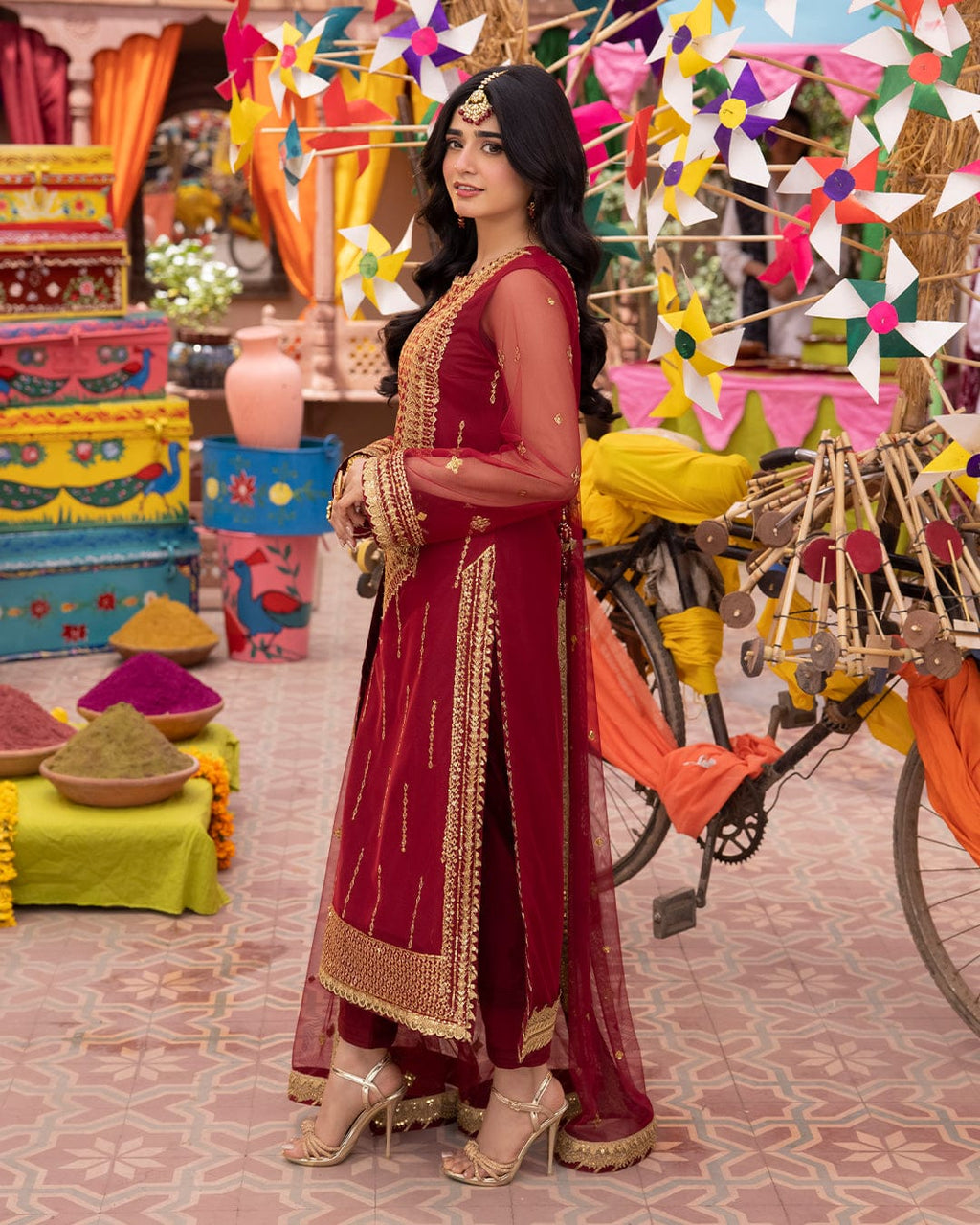 Fabric Net Colour Red Unstiched duppatta net 3 piece