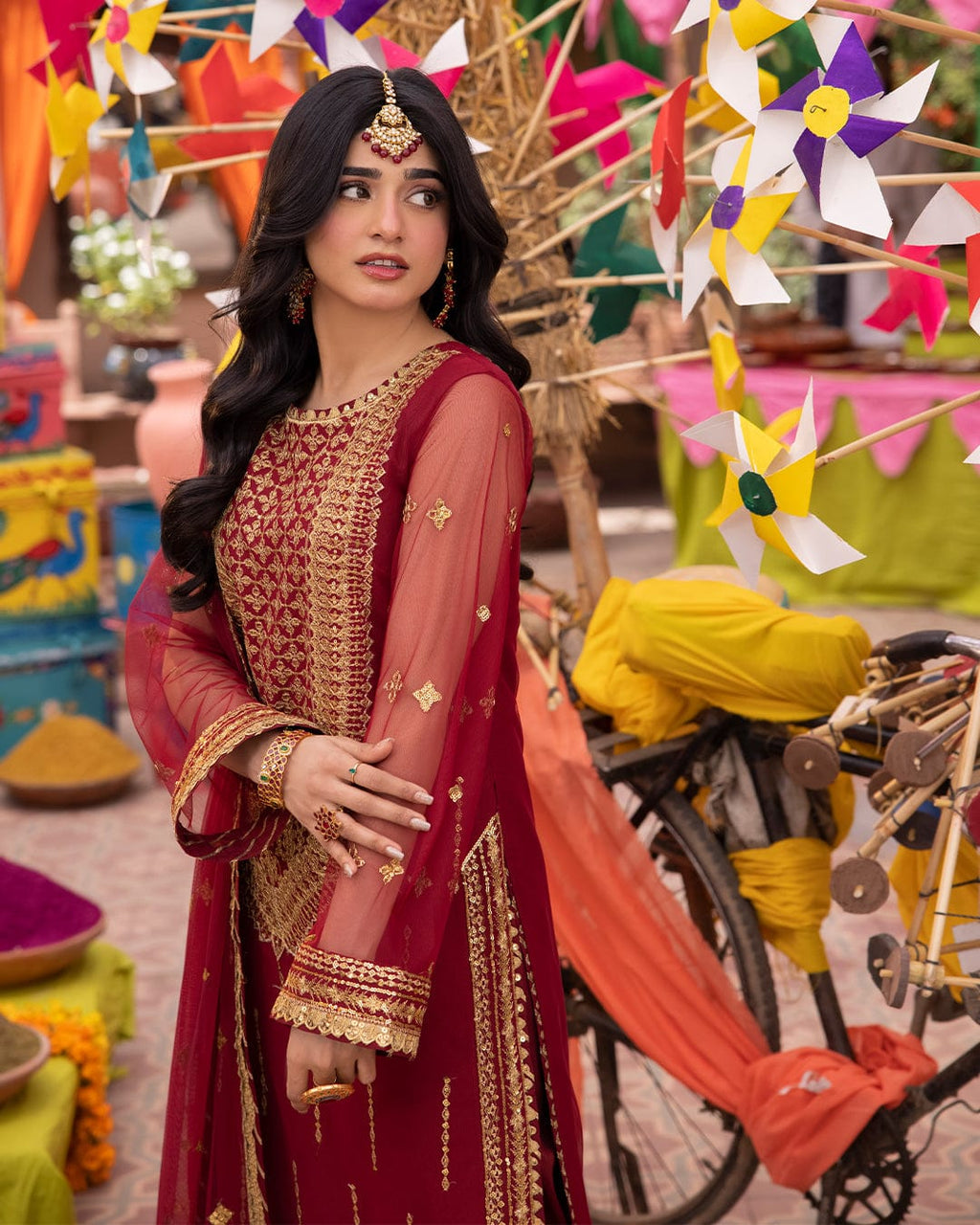 Fabric Net Colour Red Unstiched duppatta net 3 piece