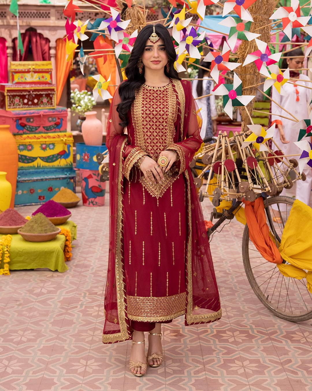 Fabric Net Colour Red Unstiched duppatta net 3 piece