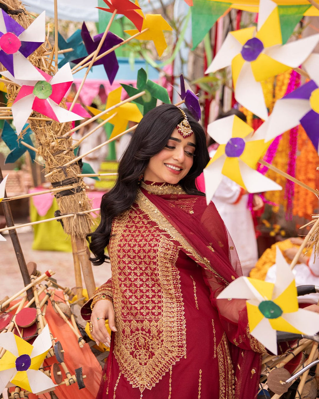 Fabric Net Colour Red Unstiched duppatta net 3 piece