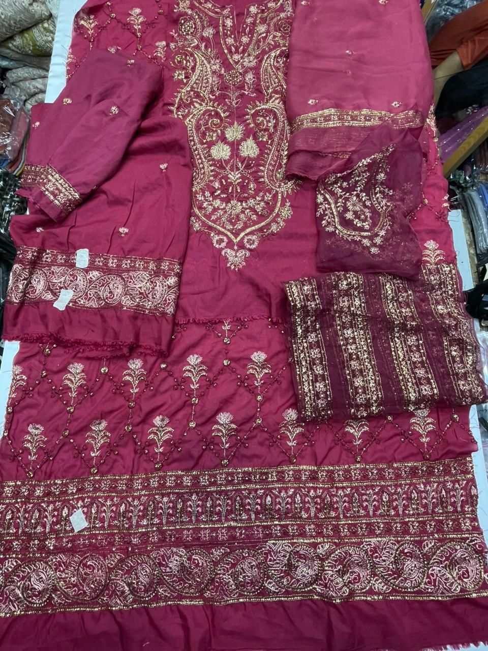 Fabric Twisting Silk Colour Red Unstiched duppatta chiffon 3 piece