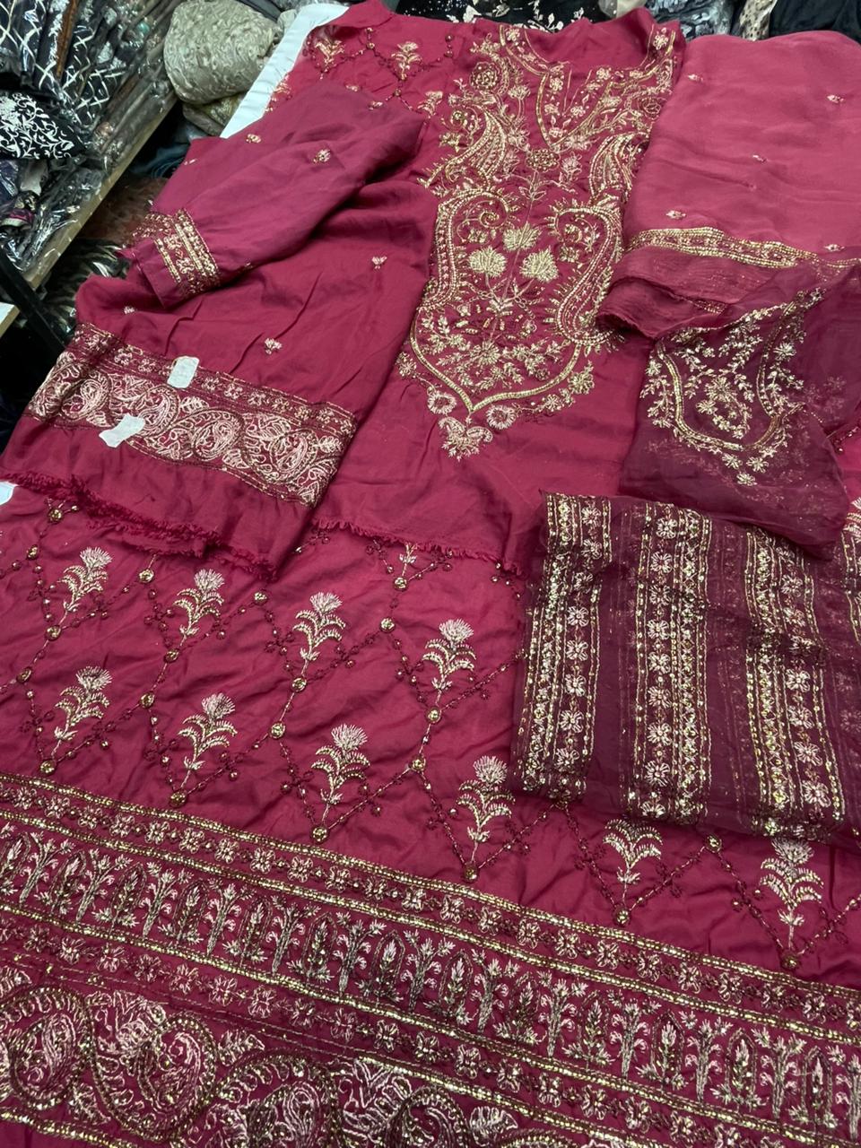 Fabric Twisting Silk Colour Red Unstiched duppatta chiffon 3 piece