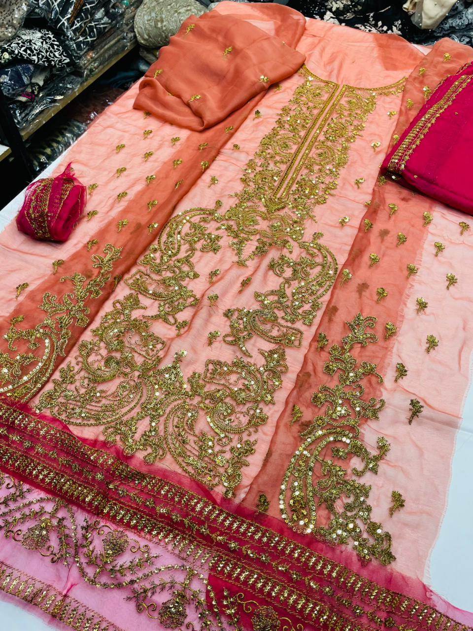 fabric chiffon colour peach unstiched 2pice duppatta chiffon code 013