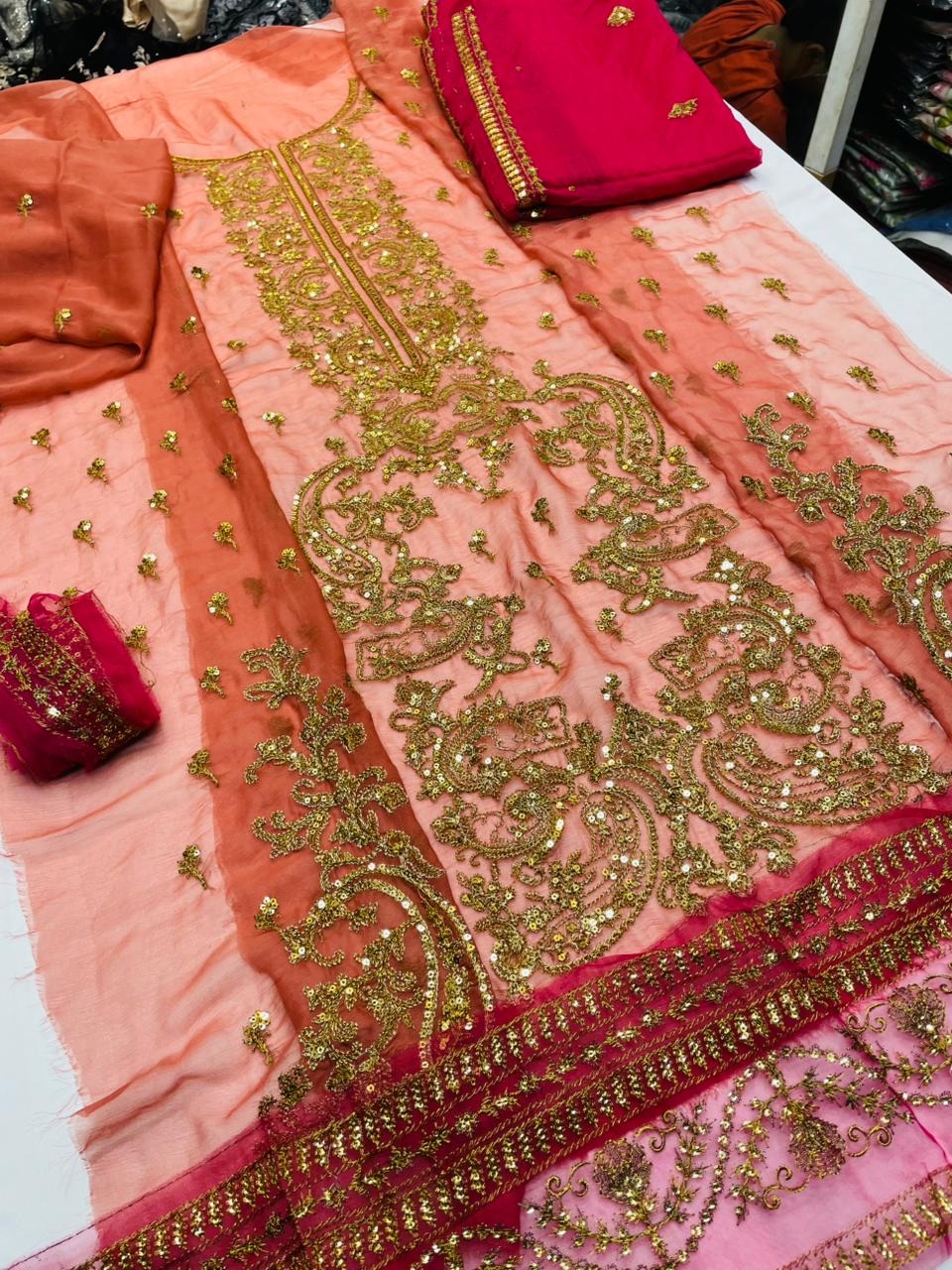 fabric chiffon colour peach unstiched 2pice duppatta chiffon code 013