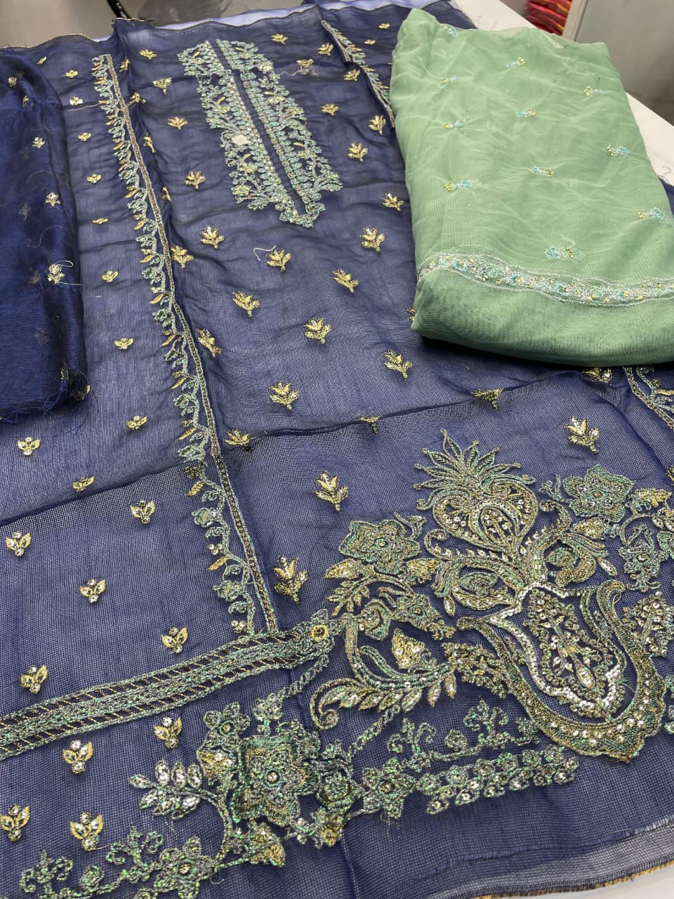 Blue Cotton-Net / Silk 2-Piece Suit – Unstitched