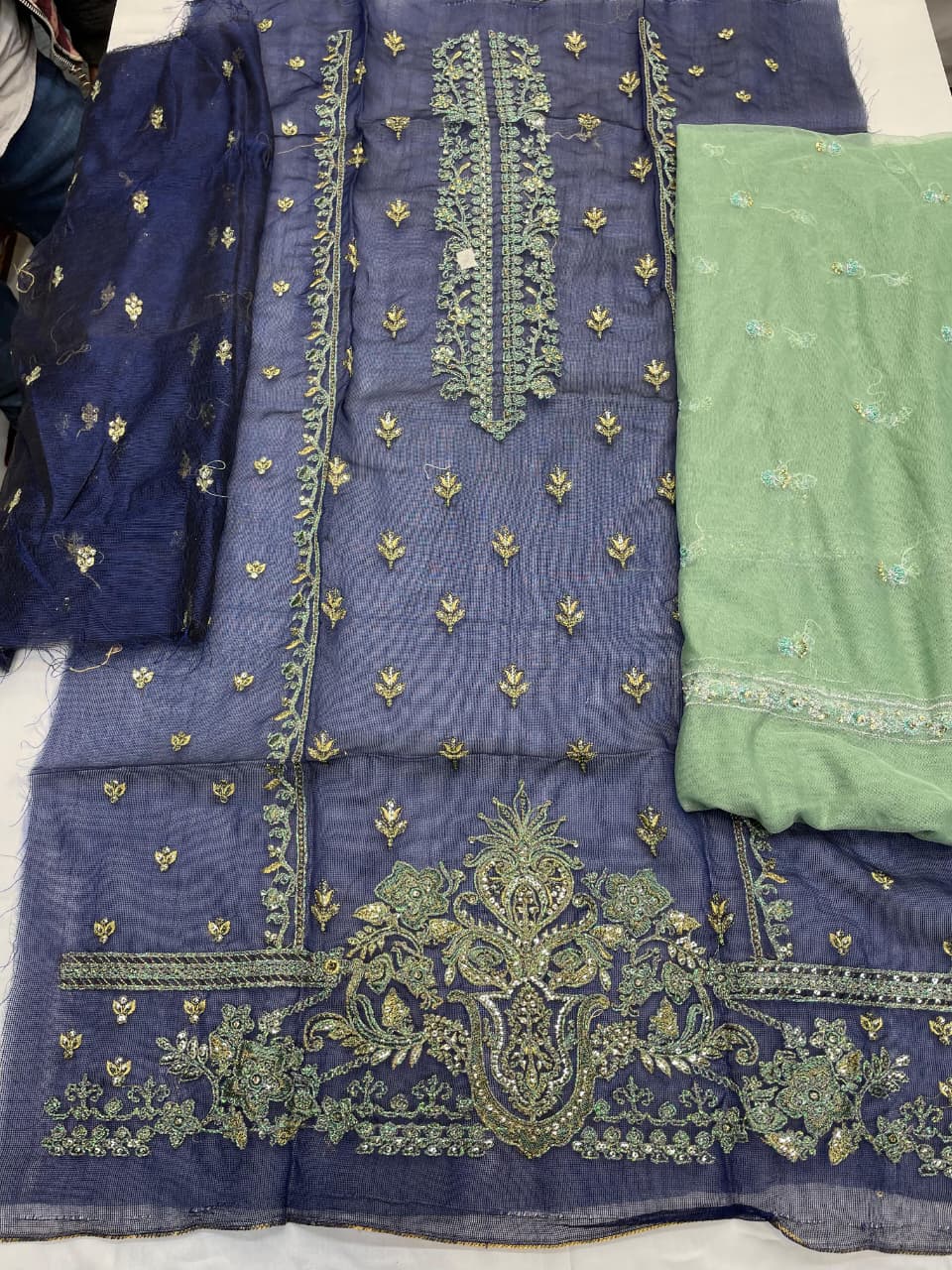 Blue Cotton-Net / Silk 2-Piece Suit – Unstitched