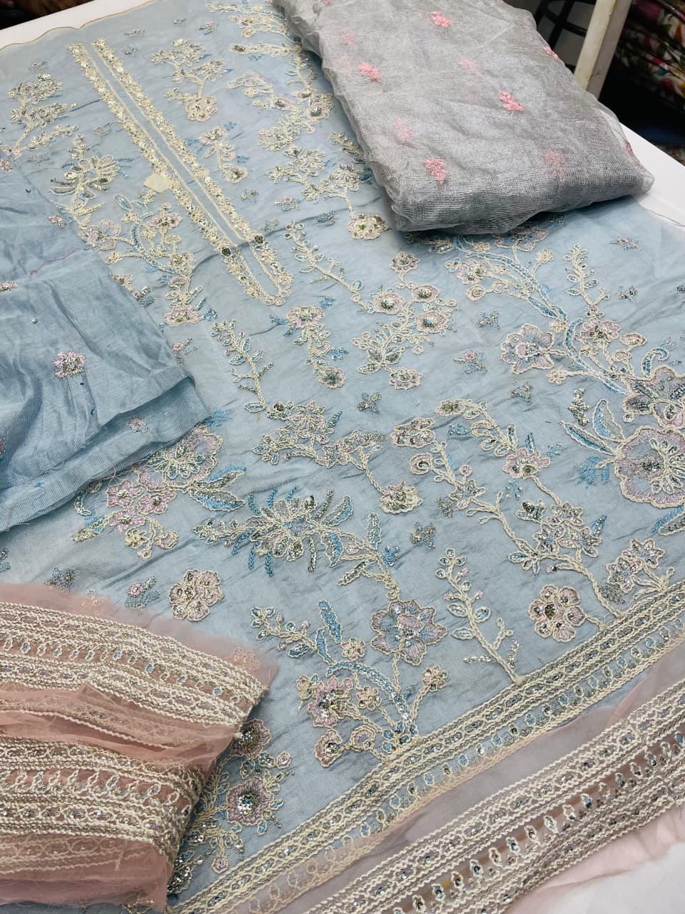 Sky Blue Cotton-Net 2-Piece Suit – Unstitched