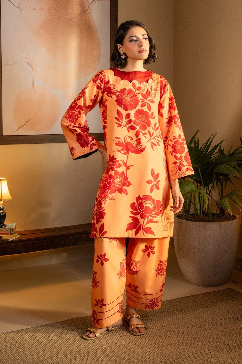 Peach Floral Printed 2-Piece Suit code 006