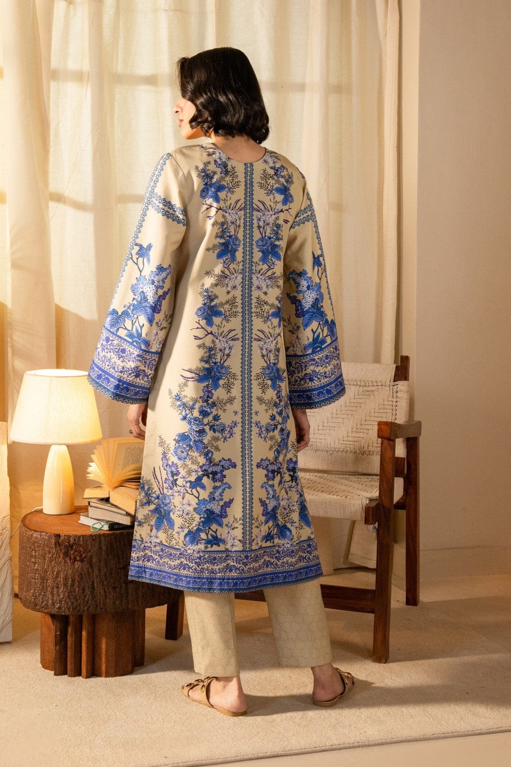 Beige & Blue Floral Printed Kurta code 007