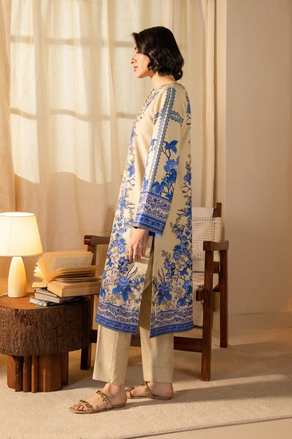 Beige & Blue Floral Printed Kurta code 007