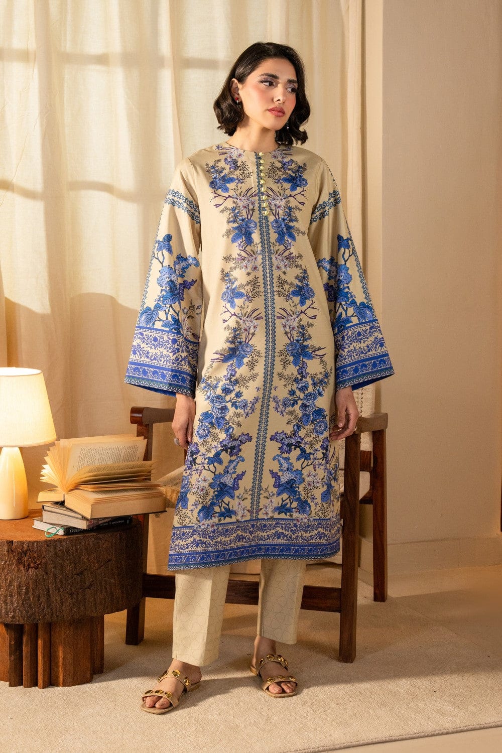 Beige & Blue Floral Printed Kurta code 007