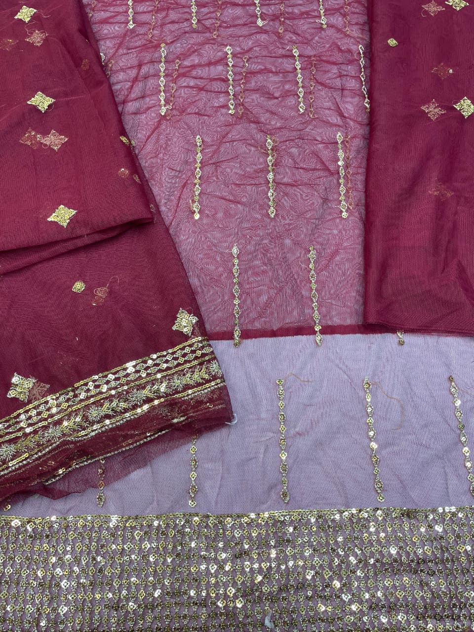 Fabric Net Colour Red Unstiched duppatta net 3 piece