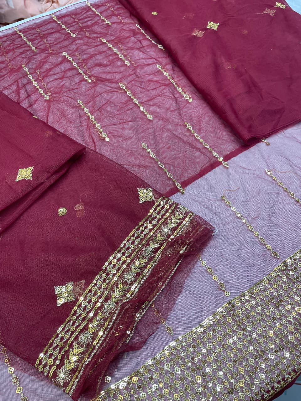 Fabric Net Colour Red Unstiched duppatta net 3 piece