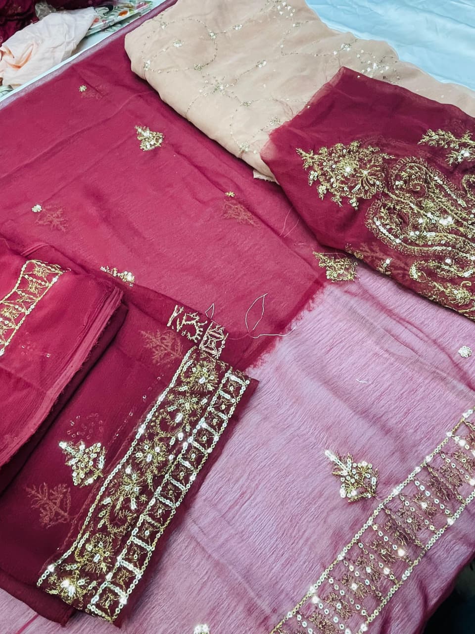 Fabric Net Colour Red Unstiched duppatta net 3 piece