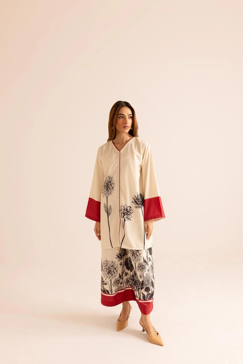 Ivory Printed 2-Piece Kurti & Wide-Leg Trousers Set