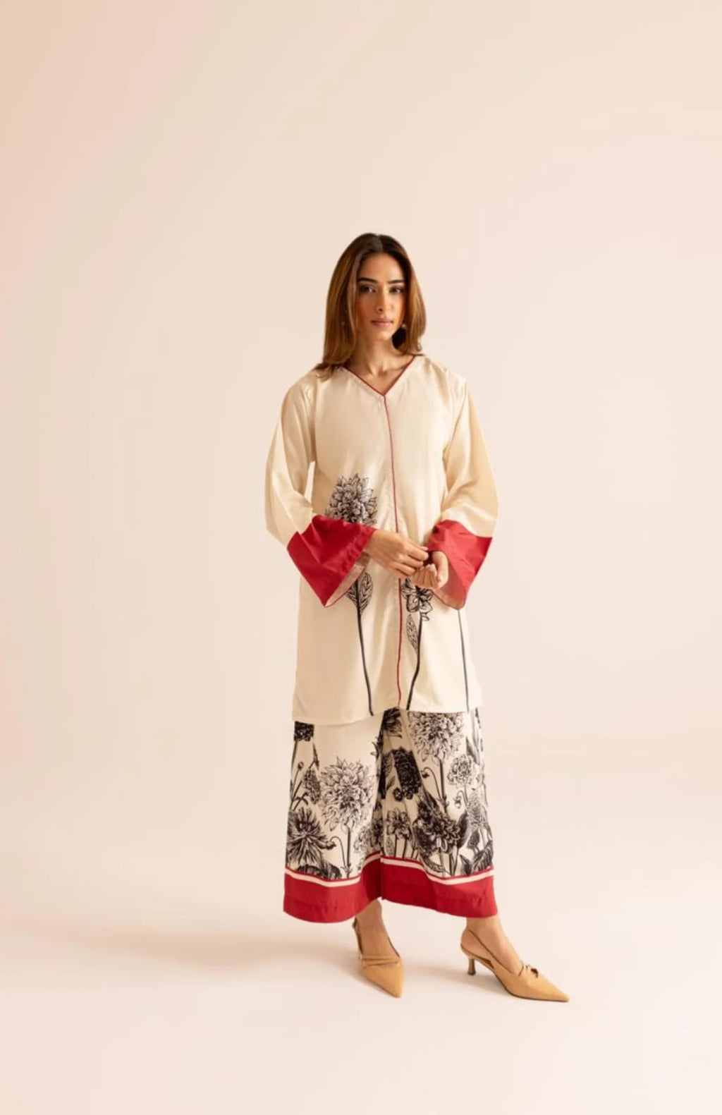 Ivory Printed 2-Piece Kurti & Wide-Leg Trousers Set