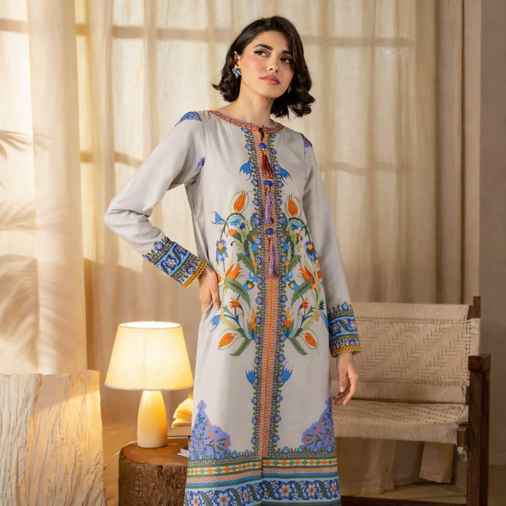 Soft Grey Floral Printed Kurta 2 Piece code 022