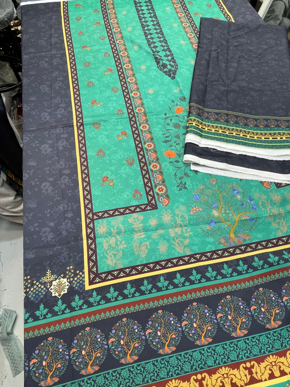 Teal & Charcoal Artistic Print – Unstitched 2-Piece code 033