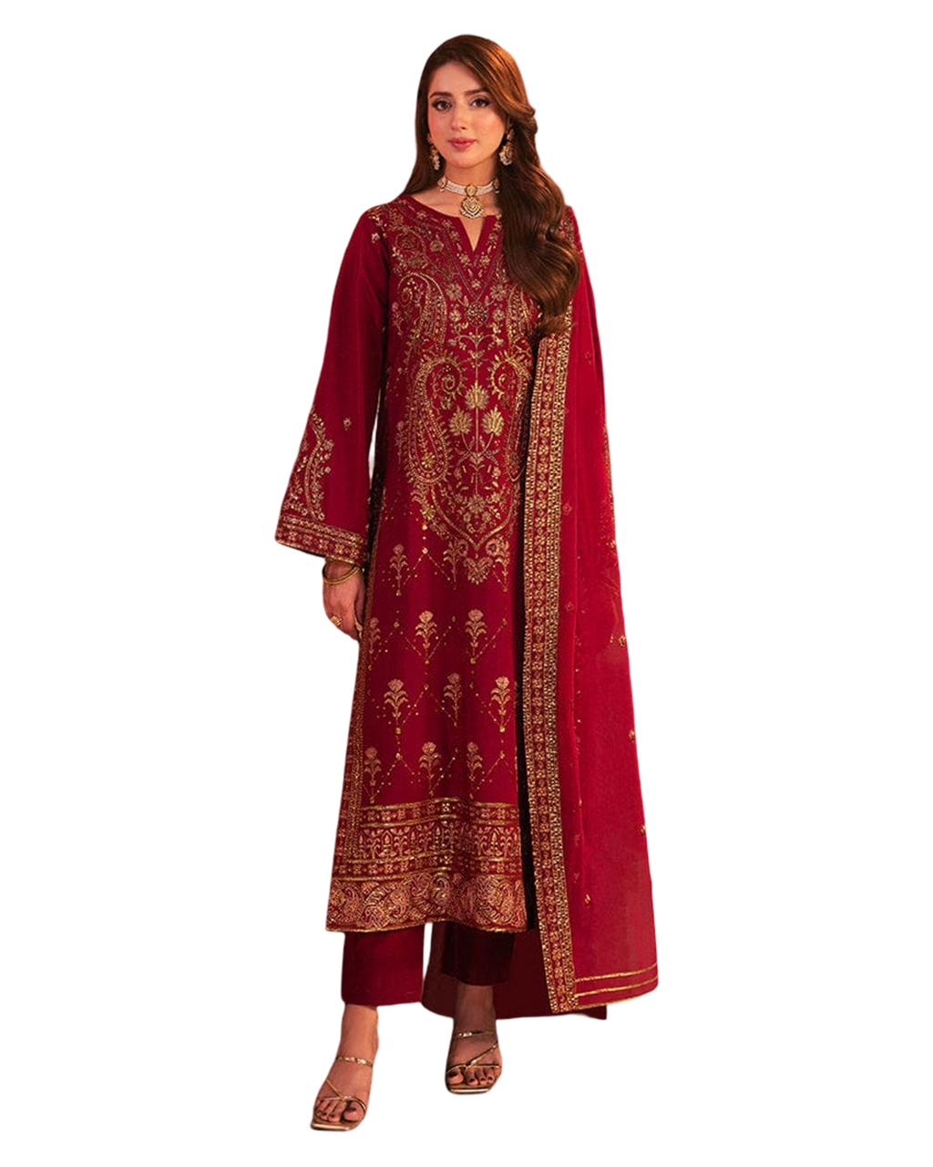 Fabric Twisting Silk Colour Red Unstiched duppatta chiffon 3 piece