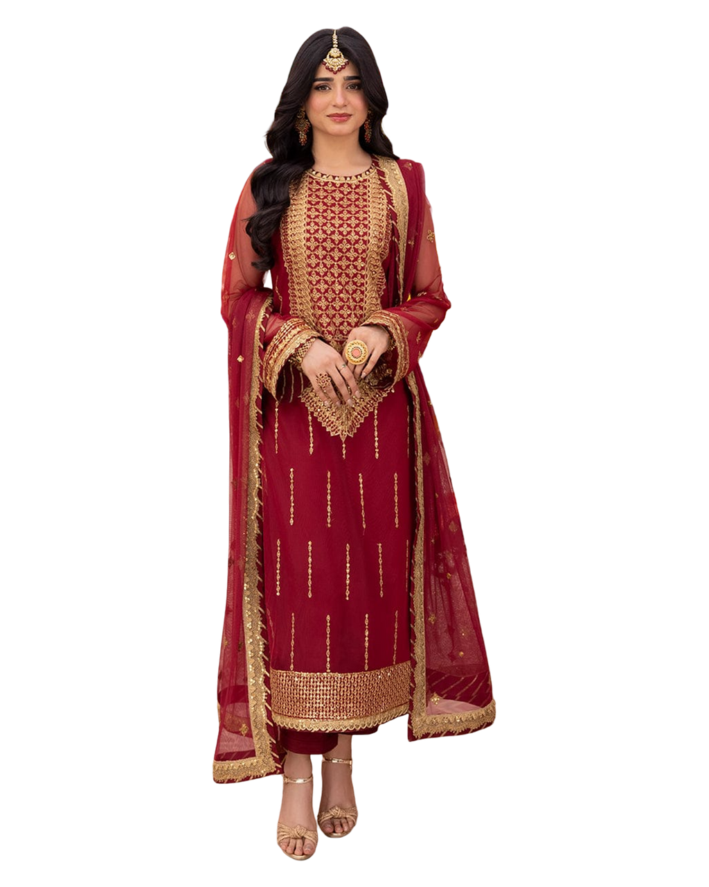 Fabric Net Colour Red Unstiched duppatta net 3 piece