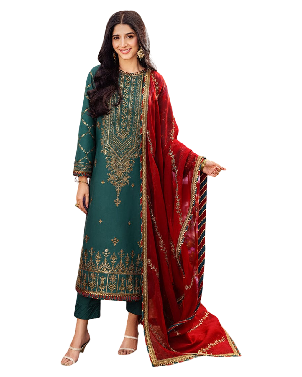 Embroidered front neckline on jumbo silk 2pice