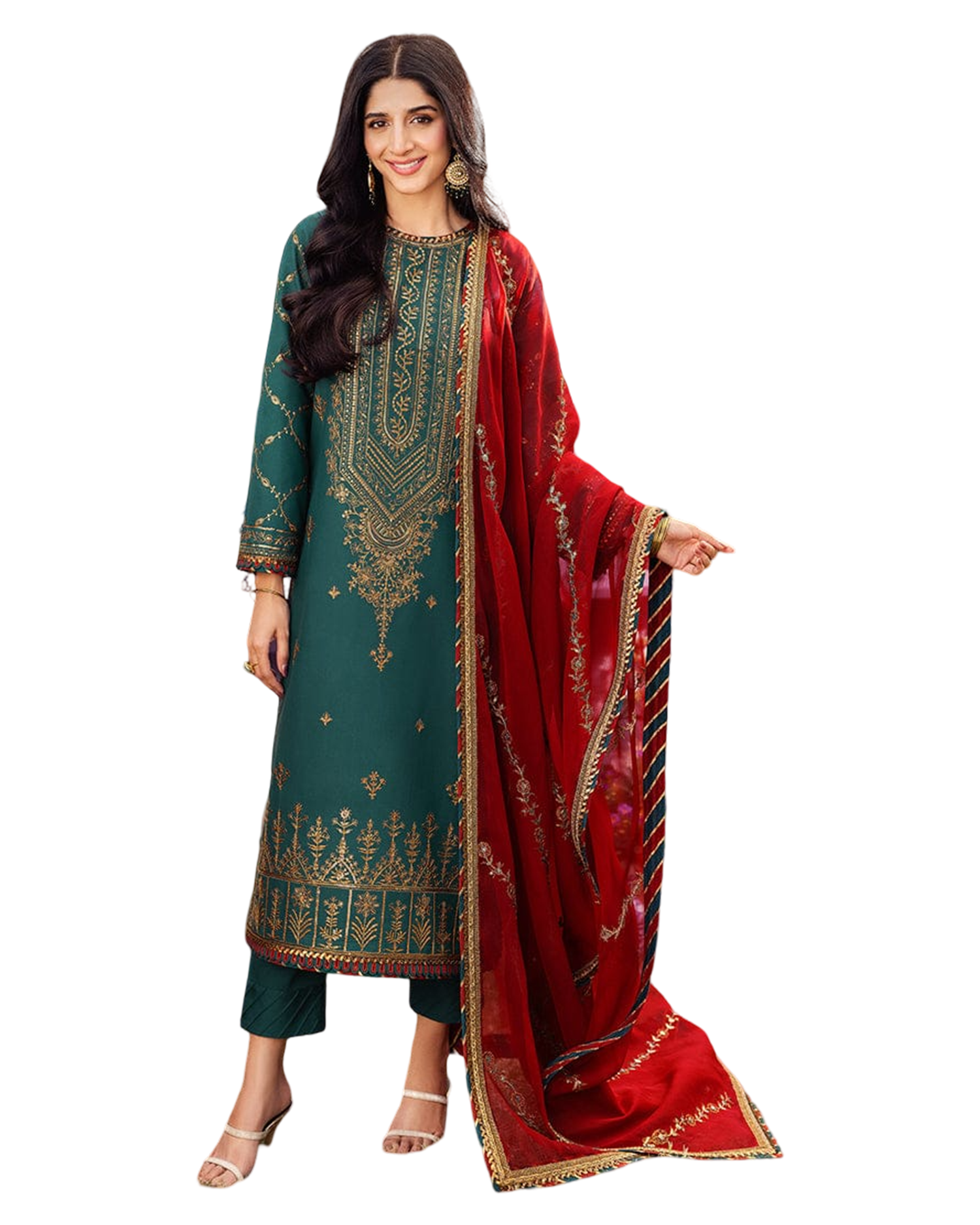 Embroidered front neckline on jumbo silk 2pice