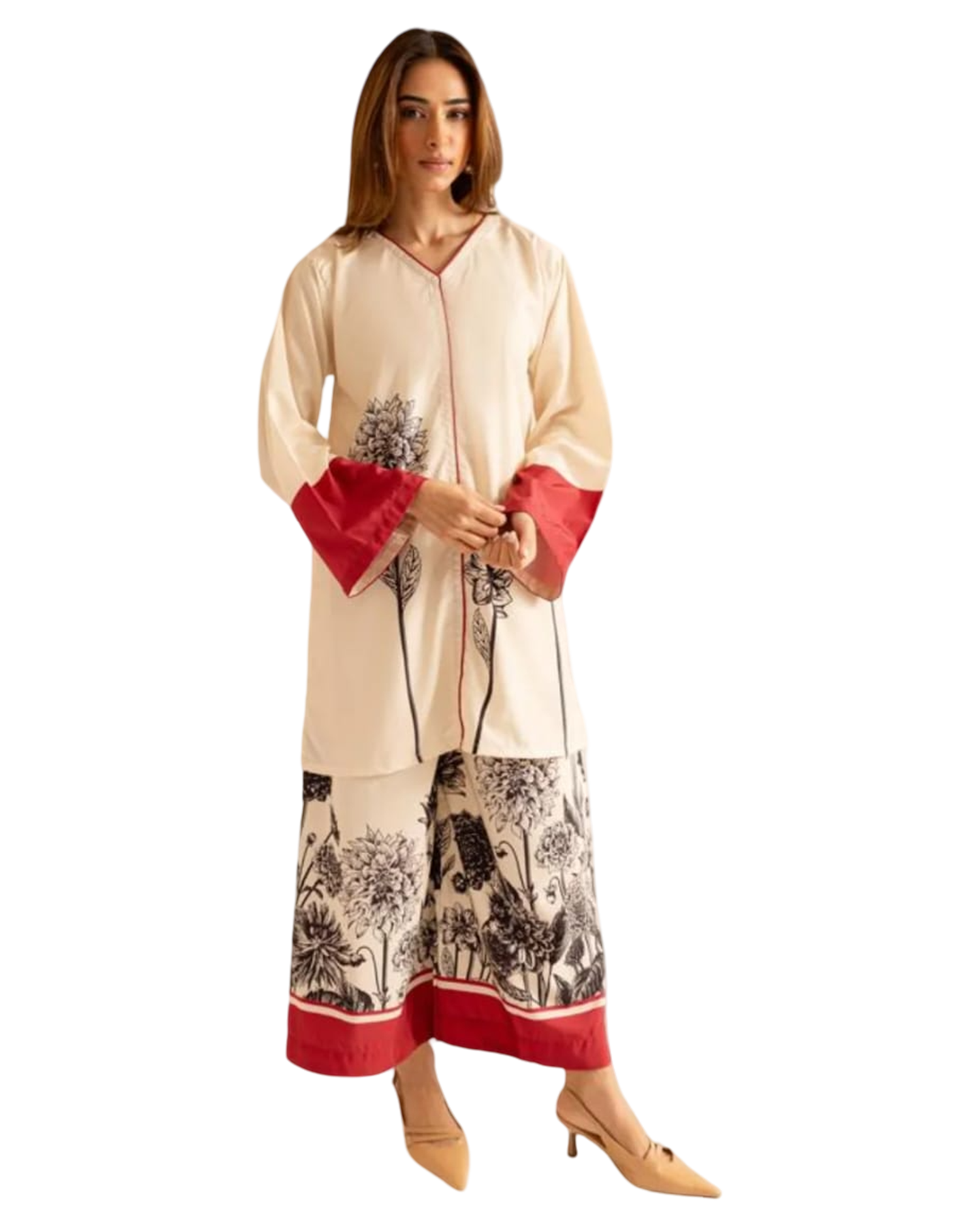 Ivory Printed 2-Piece Kurti & Wide-Leg Trousers Set