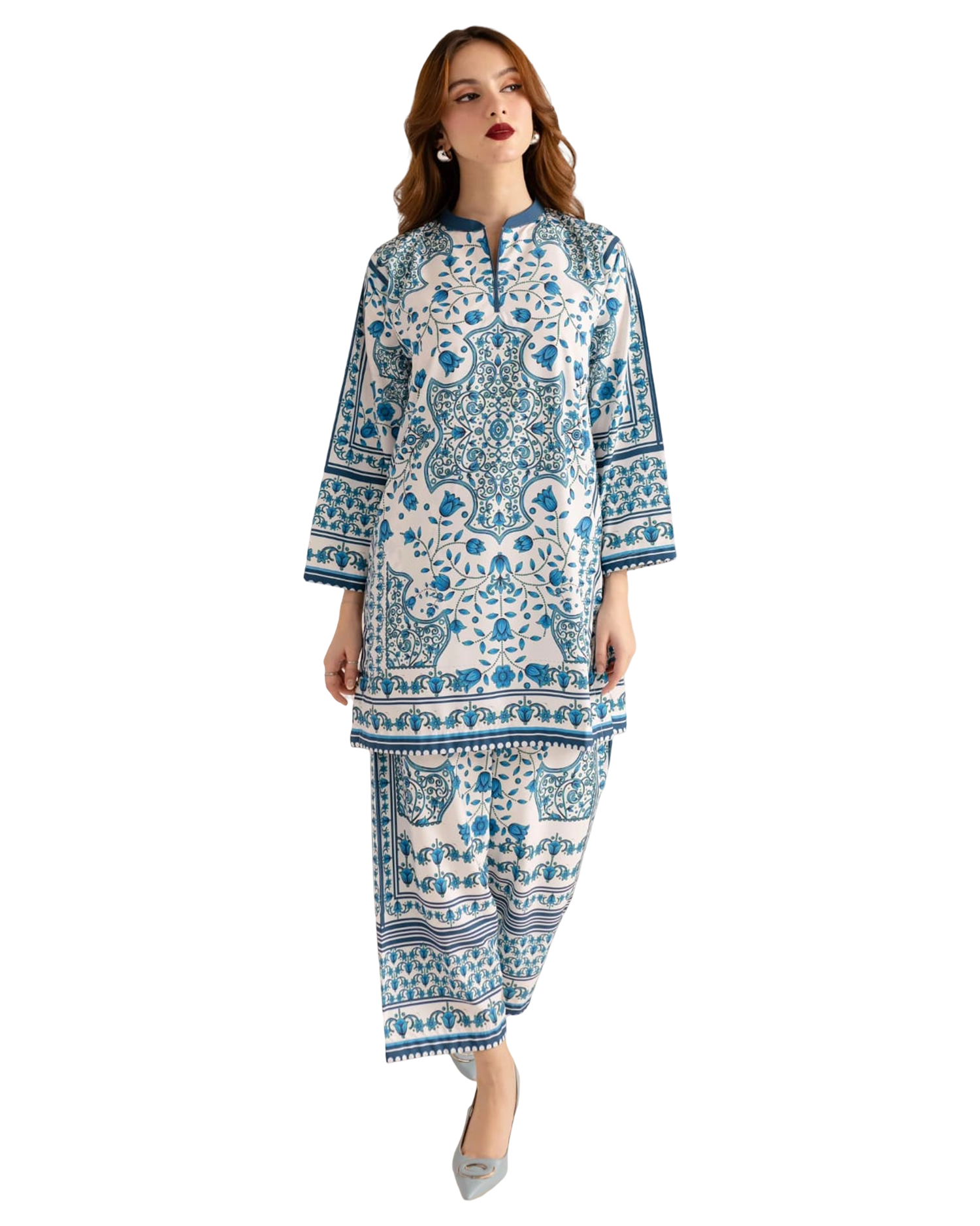 Blue & White Printed 2-Piece Suit