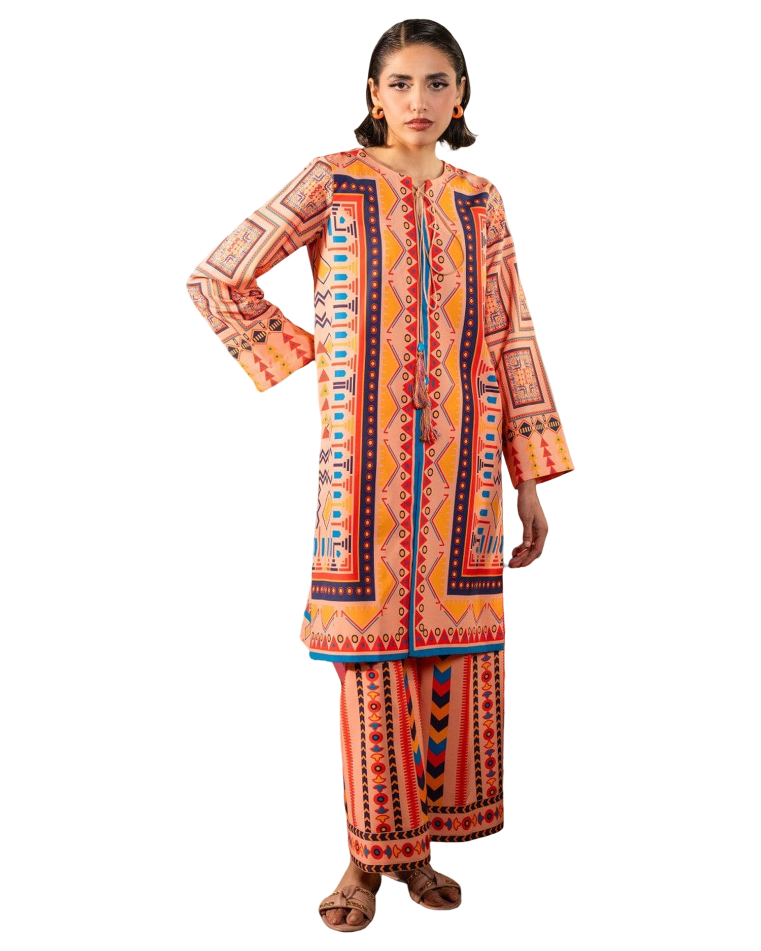 Peach Tribal Printed 2-Piece Suit Code 001
