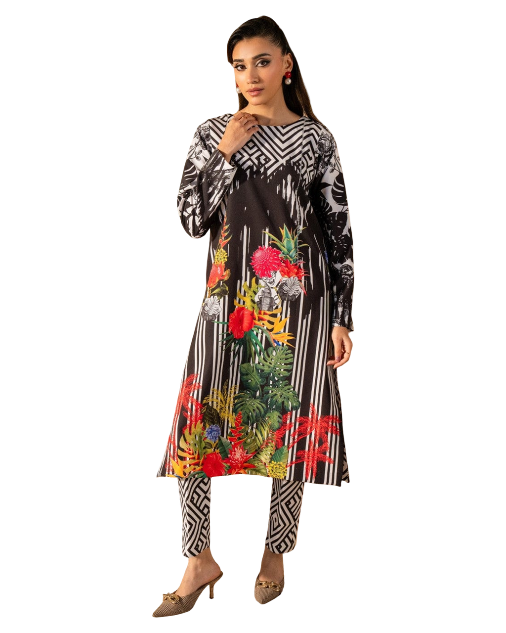 Black & White Tropical Printed 2-Piece Suit code 004
