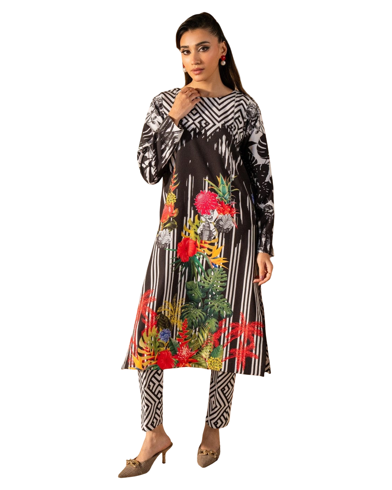 Black & White Tropical Printed 2-Piece Suit code 004