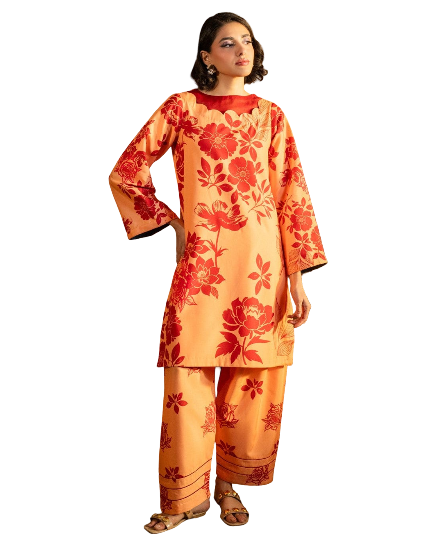 Peach Floral Printed 2-Piece Suit code 006
