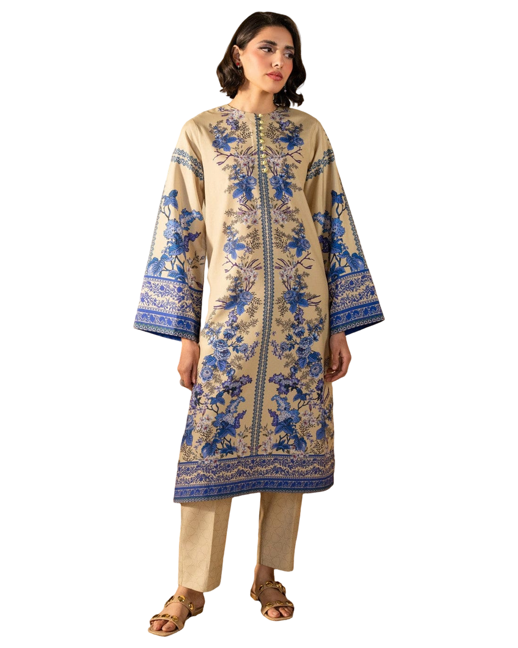 Beige & Blue Floral Printed Kurta code 007